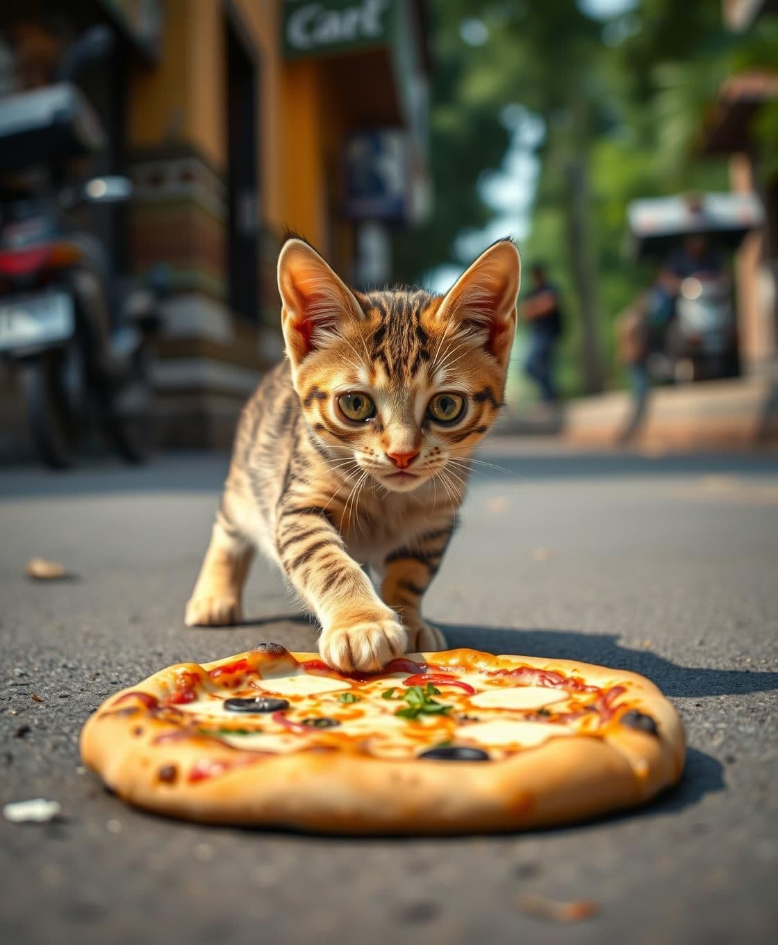 AI generated: A small, adorable street cat walking on an Indian road, suddenly spotting a delicious cheese pizza on the ground. The cat’s eyes widen with excitement, cartoonishly greedy expressi
