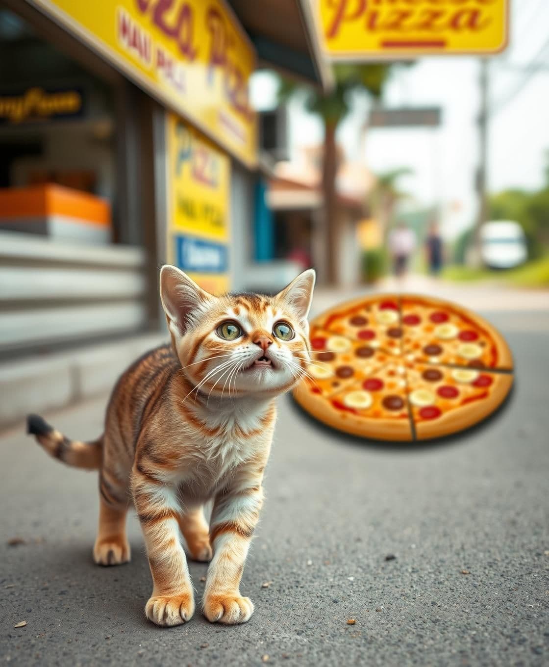 AI generated: A small, adorable street cat walking on an Indian road, suddenly spotting a delicious cheese pizza on the shop The cat’s eyes widen with excitement, cartoonishly greedy expression,