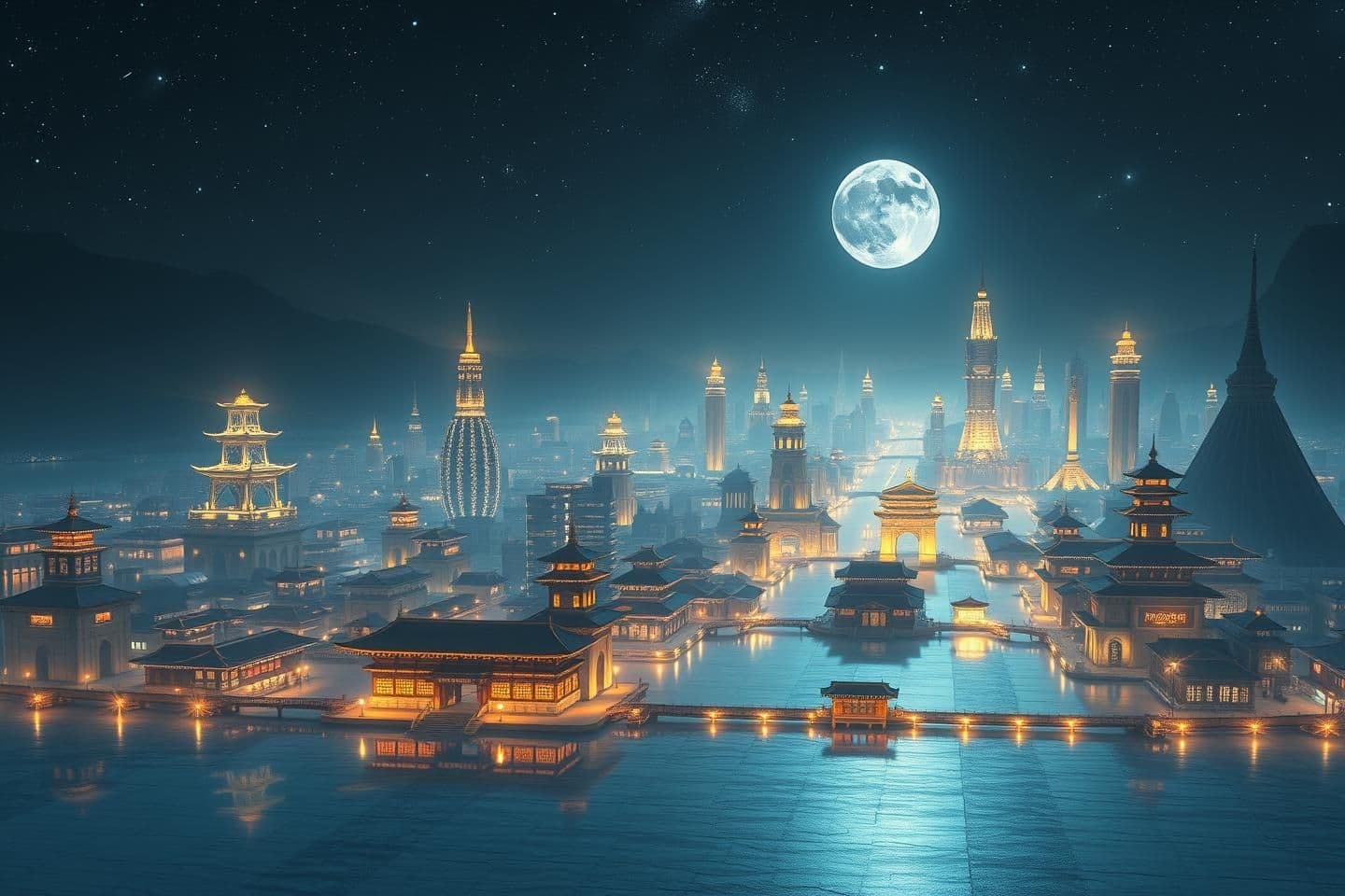 AI generated: Make a few images of a sprawling vast capital city in the middle of a vast salt flat at night. The city should have buildings that look modern and almost like ivory but should have