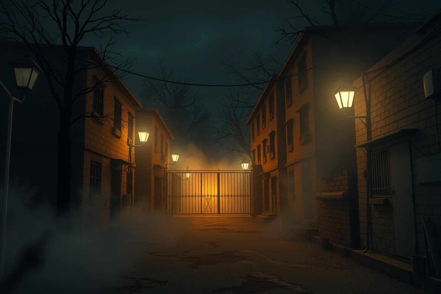AI generated: IMPORTANT: Generate with all text in Hindi script only. Old girls hostel at night, broken streetlights, fog spreading, darkness near the gate, creepy atmosphere, no people, 16:9 ci