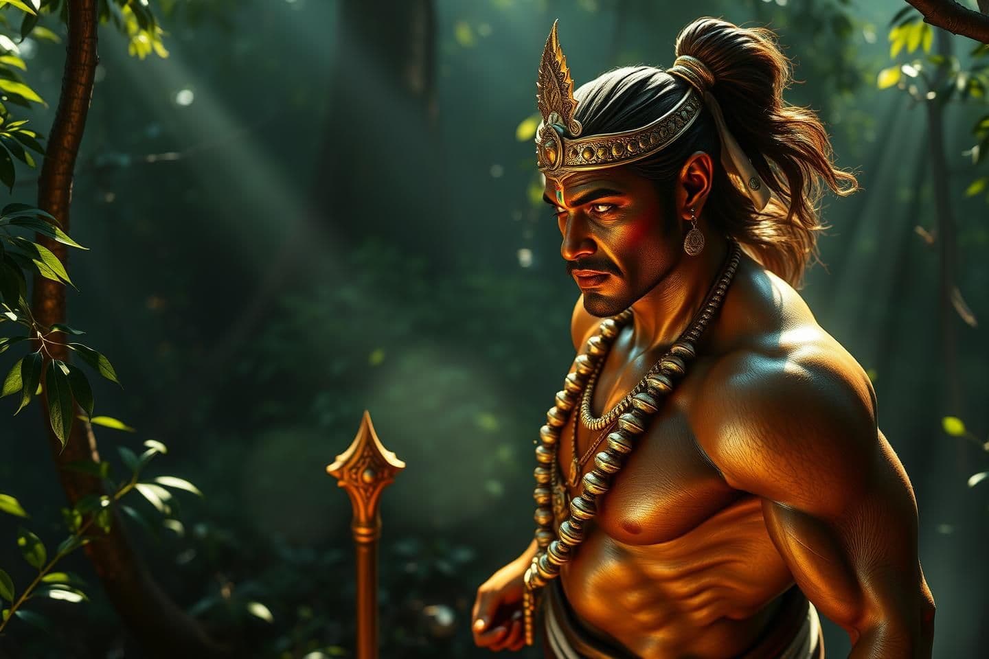 AI generated: Create an ultra-realistic, 8K cinematic artwork of Lord Hanuman standing in a real dense ancient forest. He has the physique of a powerful bodybuilder, with tensed, defined muscles