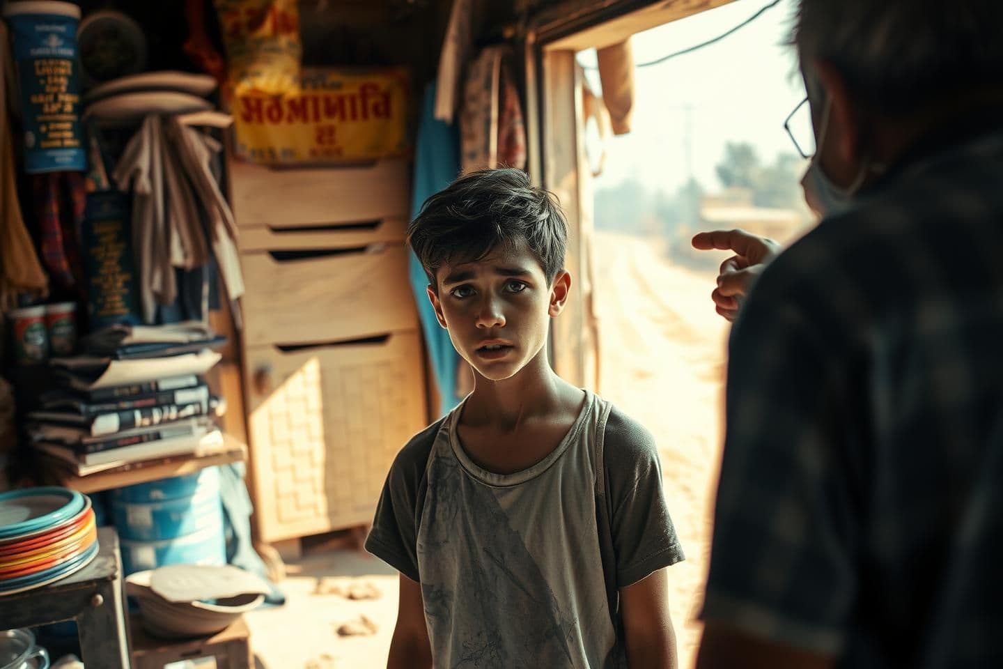 AI generated: “Poor teenage boy wearing torn clothes standing inside a small general store, shopkeeper angrily pointing toward the door, telling him to leave. Boy looks hurt and embarrassed. Dus