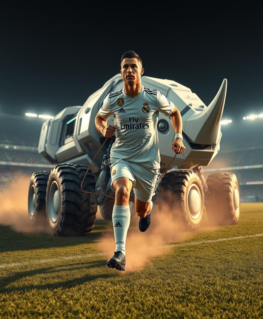 AI generated: “Wide-shot, stable-camera hyper-realistic 3D rendering on a brightly lit night stadium. Cristiano Ronaldo wearing a dirt-white Real Madrid jersey is sprinting forward while pulling