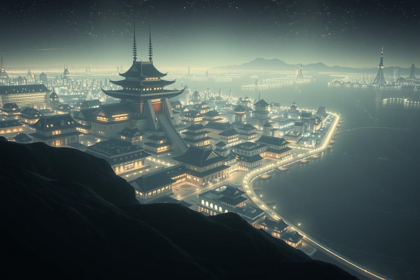 AI generated: Make a few images of a sprawling vast capital city in the middle of a vast salt flat at night. The city should have buildings that look modern and almost like ivory but should have