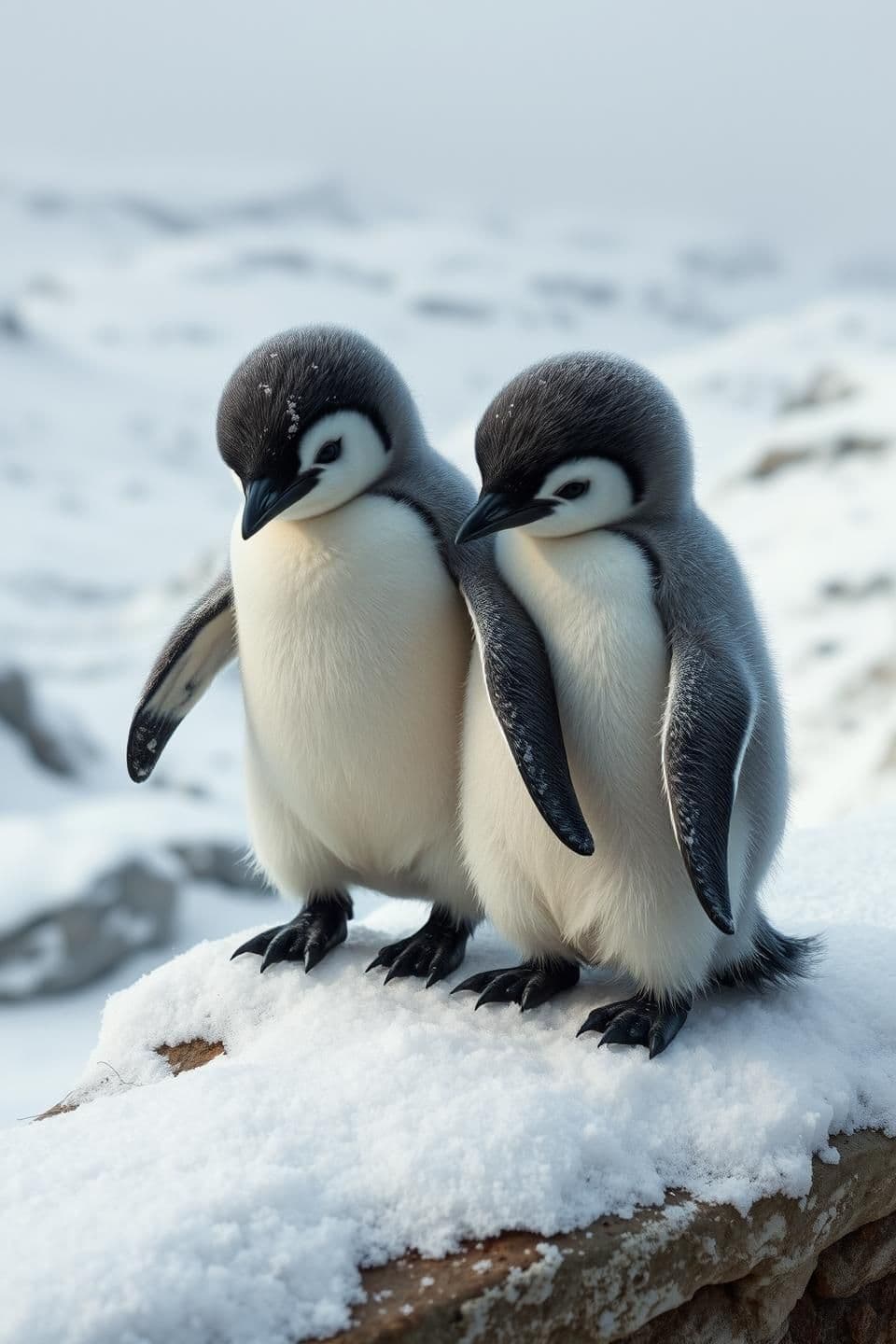 AI generated: Ultra-Ultra-realistic mid-shot on a small snow-covered rock ledge overlooking a soft white snowy valley. Cold daylight, muted sky, gentle winter shadows. Two baby penguins stand on