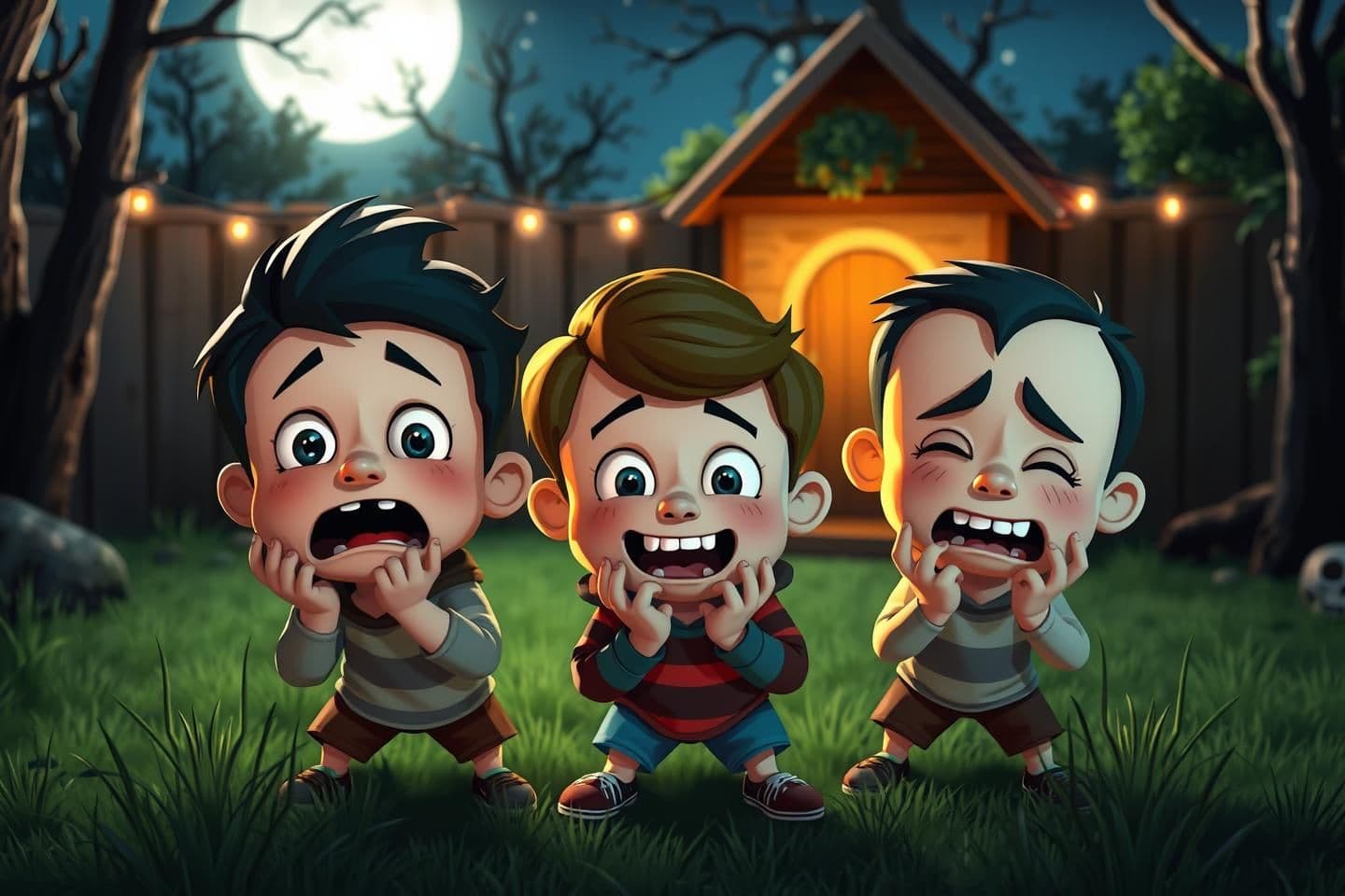 AI generated: Three kids playing hide and seek at night in a funny horror scene, traditional cartoon style with 3D look, each kid with a different unique face and expression, one scared, one lau