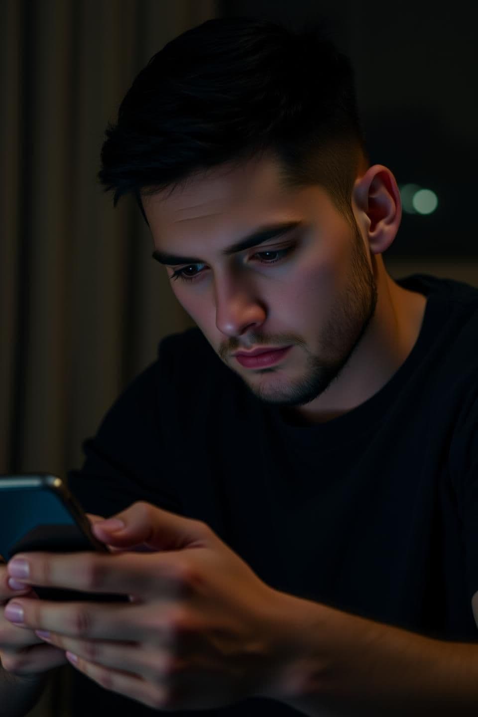 AI generated: 9:16 vertical video, the same young man, short black hair, light beard, simple dark t-shirt, sitting in dim warm warm light, close-up of tired eyes, scrolling smartphone, slight ha