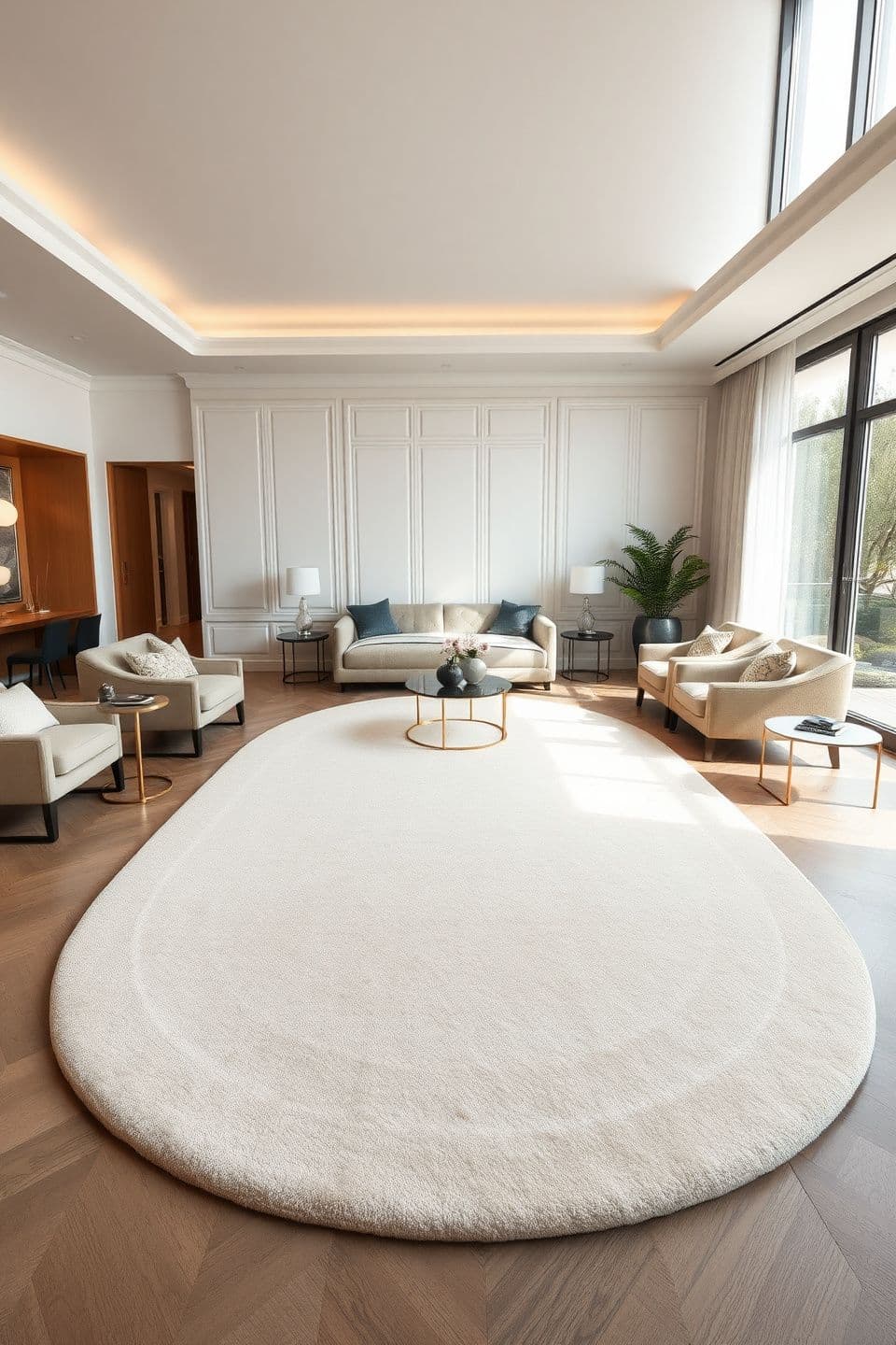 AI generated: A luxury hand-tufted oval carpet placed in the center of a spacious living room,
soft light beige and ivory colors, elegant fine lining pattern running through the carpet,
plush wo