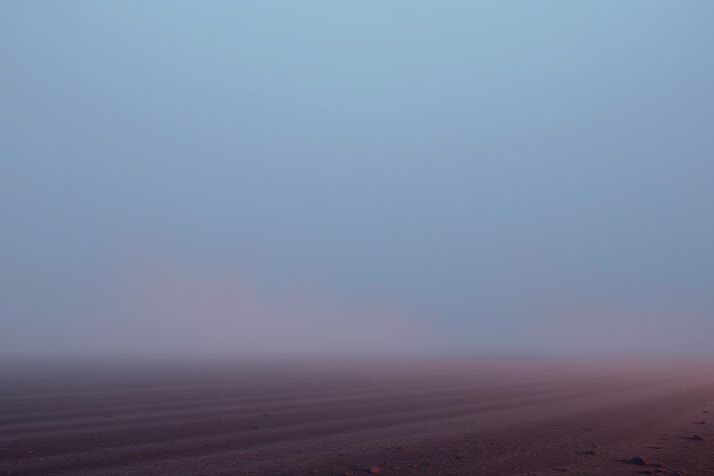 AI generated: A highly stylized 3D render of a vast, empty, fog-soaked landscape where the air seems to vibrate with unseen presence, with no characters present. The lighting matches a dim, mute