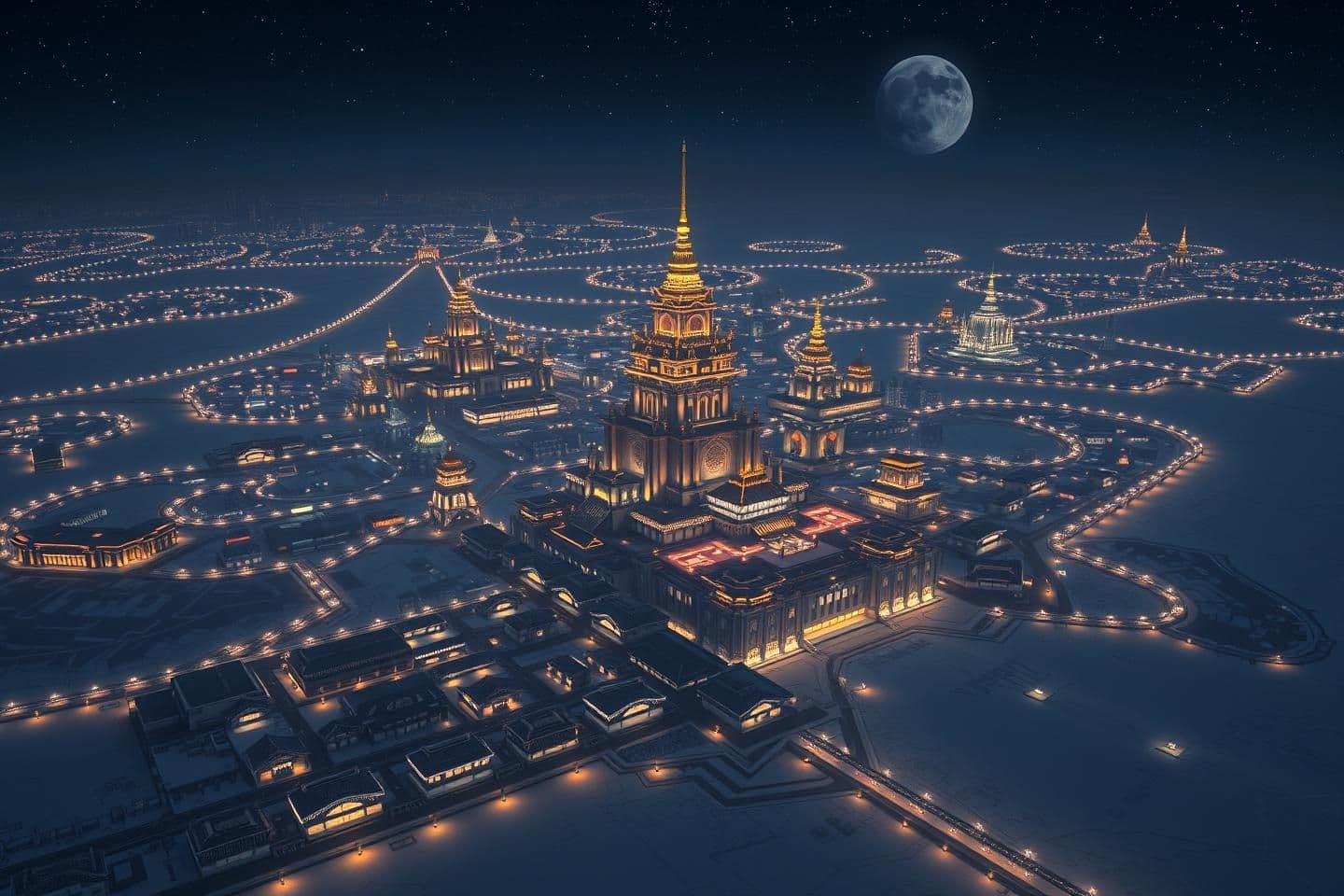 AI generated: Make a few images of a sprawling vast capital city in the middle of a vast salt flat at night. The city should have buildings that look modern and almost like ivory but should have