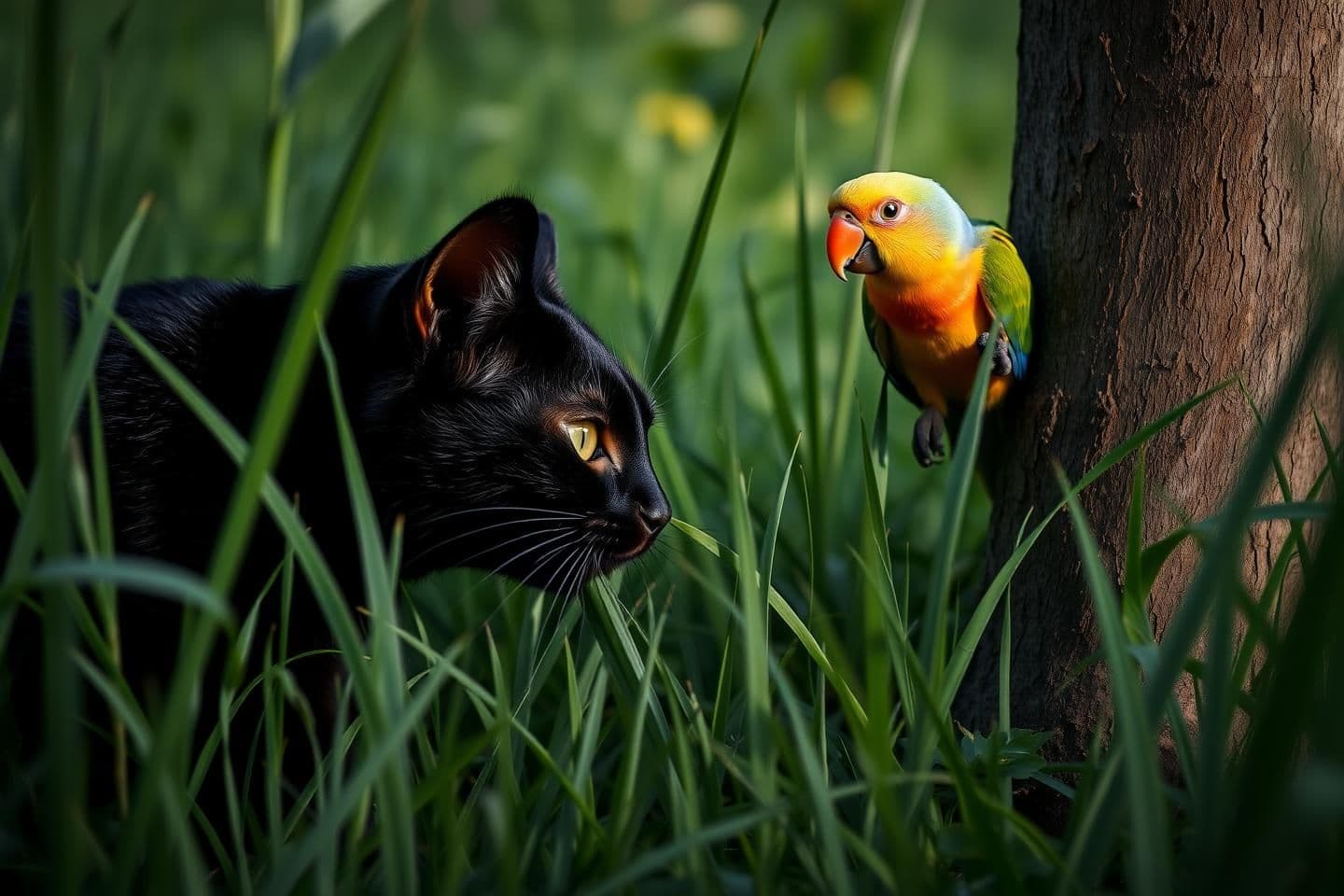 AI generated: IMPORTANT: Generate with all text in Hindi script only. Tense, low-angle shot. A shiny black cat stealthily creeps through tall grass toward a tree trunk, its eyes fixed on a singi