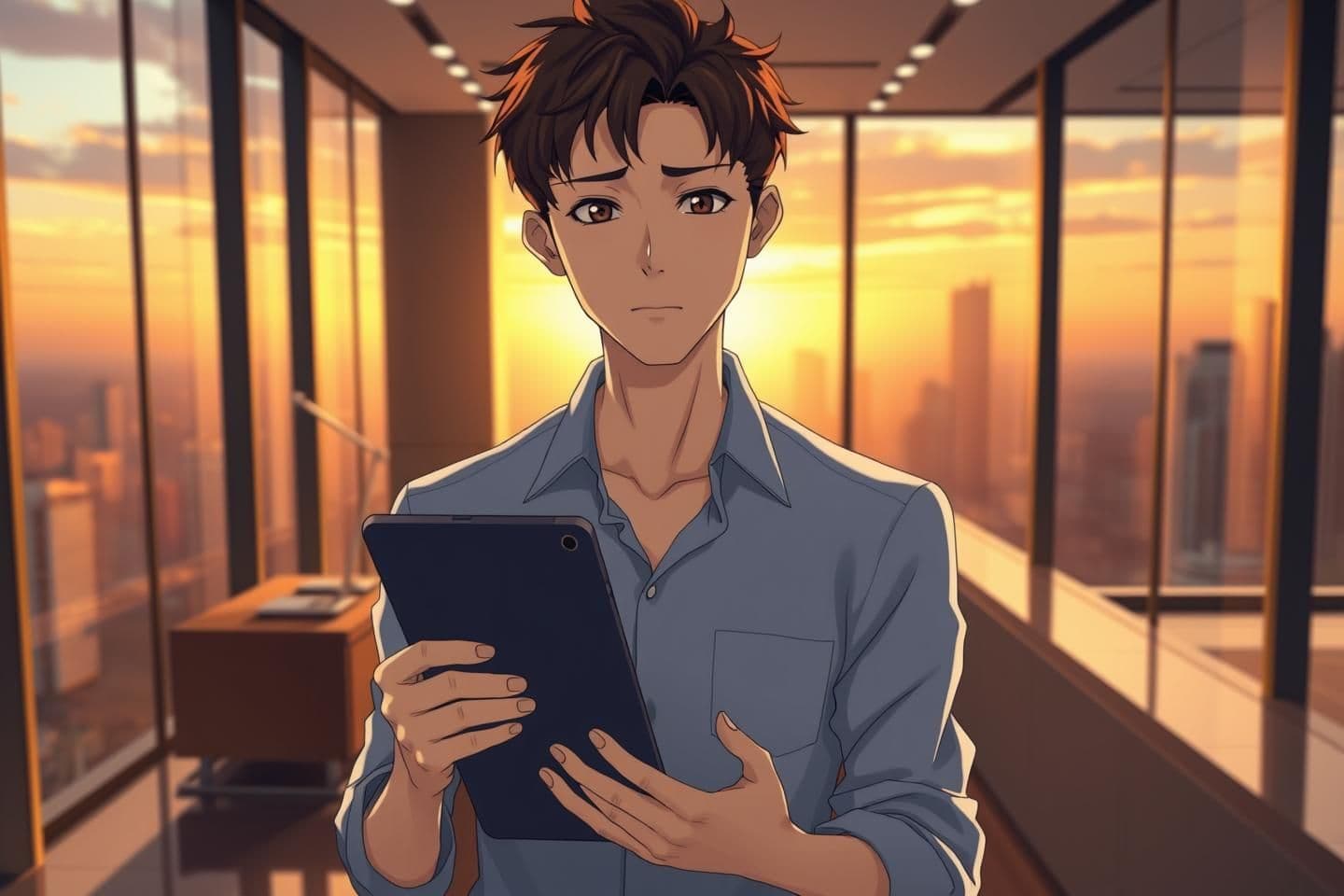 AI generated: Young Asian man early 20s, slim build, soft nervous eyes, messy dark brown hair, fair skin, shy anxious expression holding tablet to chest, light blue business shirt with rolled sl