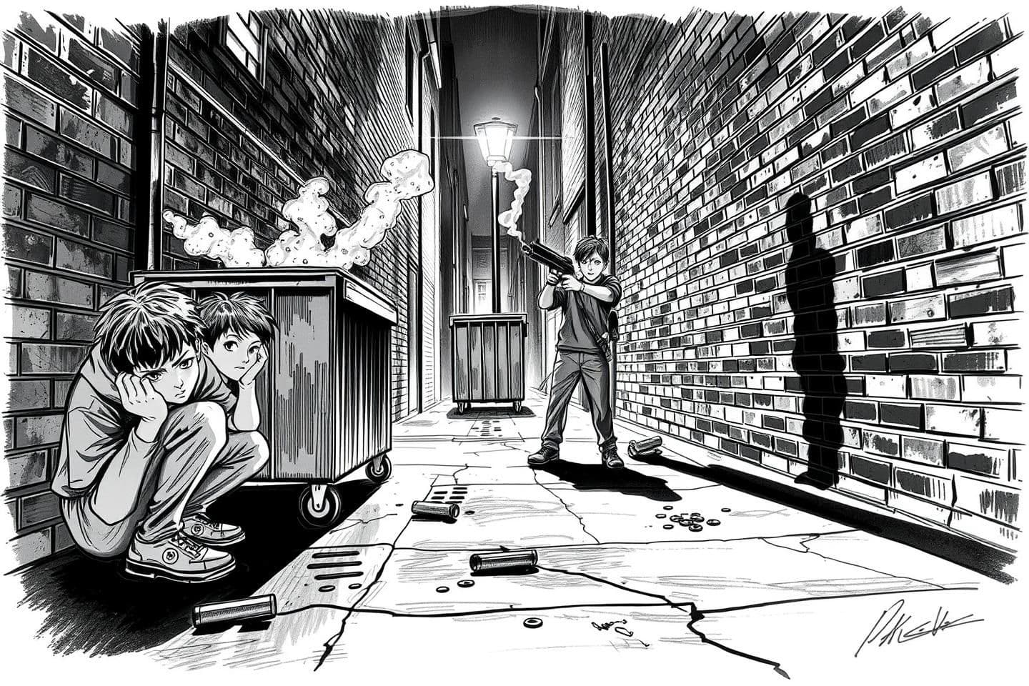 AI generated: Black-and-white dramatic sketch, high-contrast noir style. A narrow city alley at night with wet pavement reflecting a flickering streetlight. Fresh bullet holes in a metal dumpste