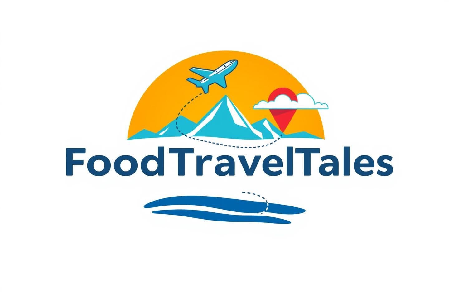AI generated: FoodTravelTales logo design, vibrant and energetic, joyful travel vibe, airplane + location pin connected with a dotted navigation path, warm sun, blue sky, soft clouds or mountain