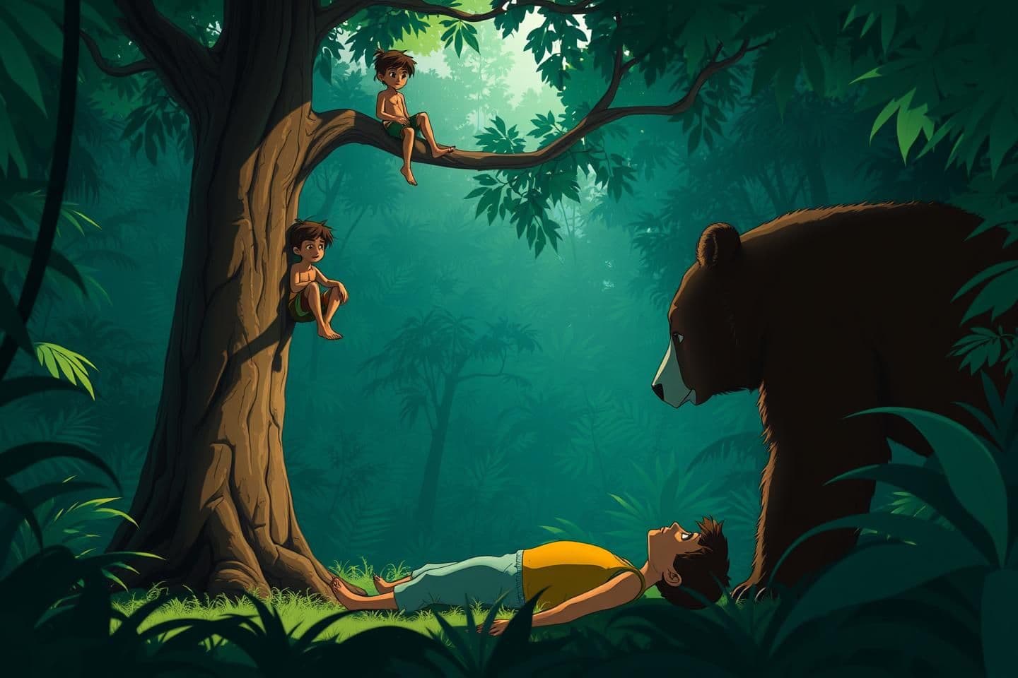 AI generated: “Cinematic 16:9 scene inside a dense green jungle. A tall tree with a high thick branch, and a 15-year-old Indian village boy sitting on the branch, scared and looking down. On the