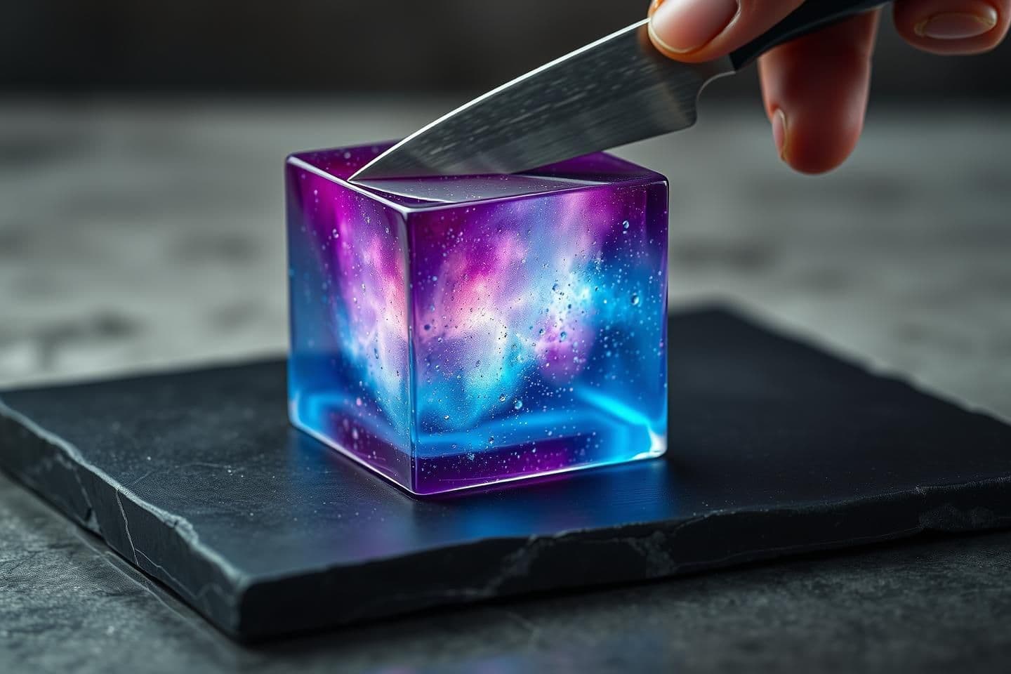 AI generated: A hyper-realistic galaxy jelly cube sits on a matte black stone slab, its translucent surface shimmering with deep-space colors—nebula purples, cosmic blues, and scattered stardust