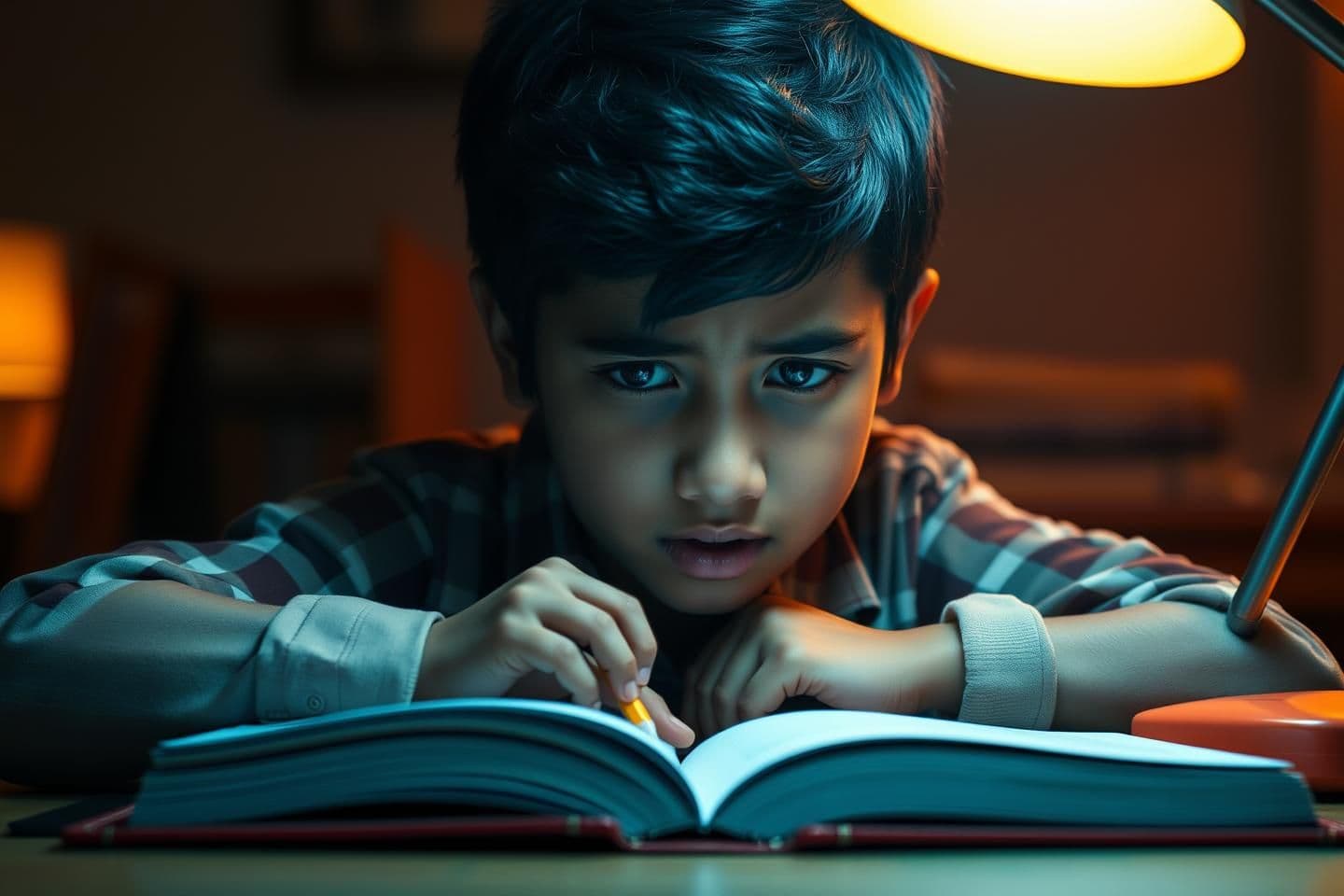 AI generated:
Cinematic close-up of a 14-year-old indian student struggling to study at night. A desk lamp glows softly. Textbooks are open, pencil tapping, the student looks stressed and con