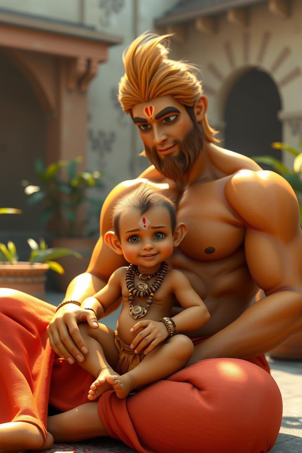 AI generated: “Baby Hanuman sitting in Kesari’s lap in the courtyard, realistic divine appearance, soft golden skin tone with subtle baby fur texture, expressive shining eyes, gentle smile, Kesa