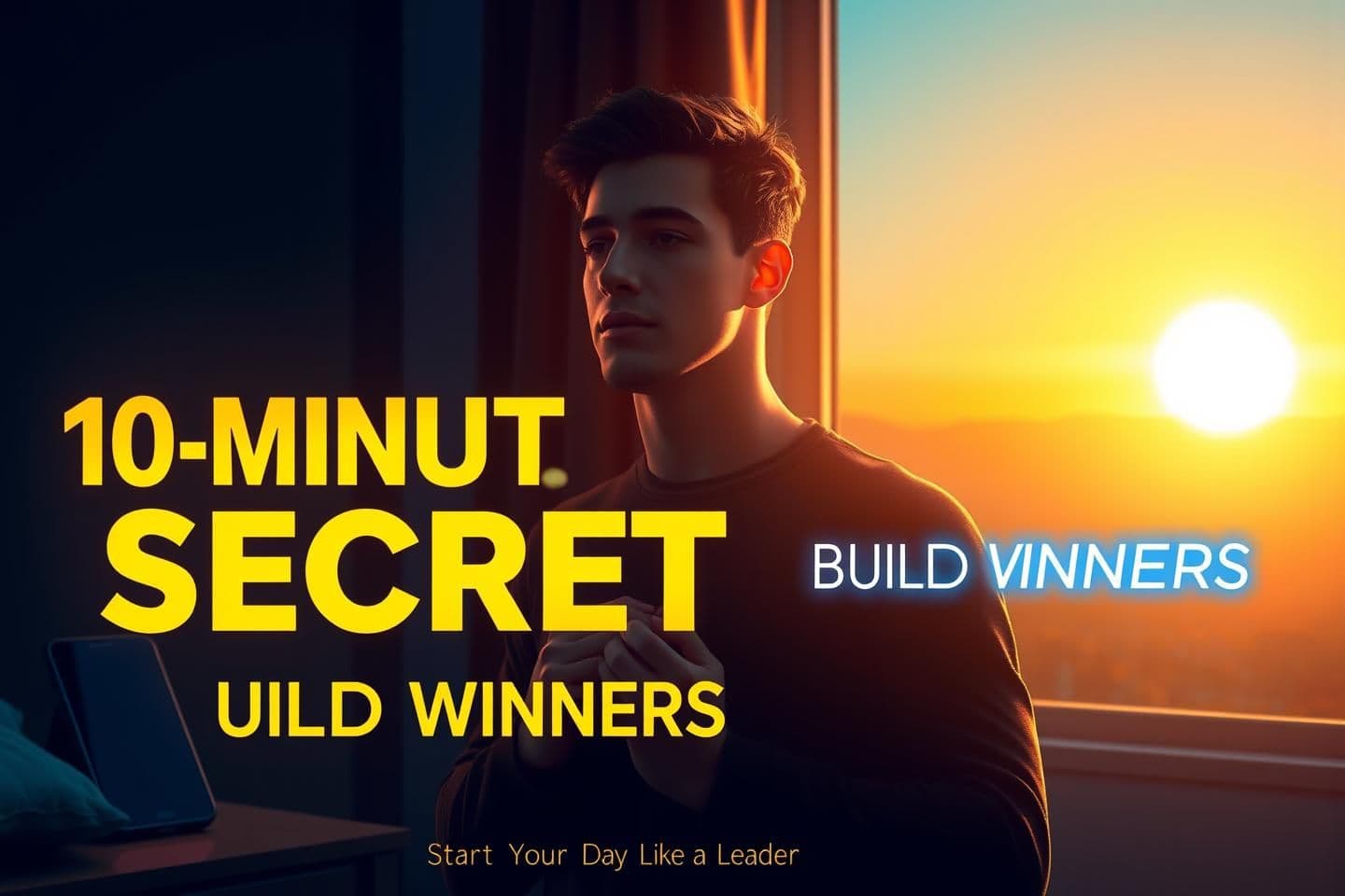 AI generated: cinematic, ultra-realistic digital illustration of a young man standing by a glowing sunrise window — warm golden sunlight entering the room, symbolizing a new beginning. On one si