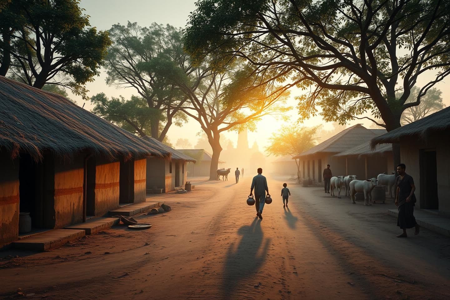 AI generated: A wide 3D realistic shot of an Indian rural village at sunrise. Mud houses with thatched roofs, dusty roads, green trees, and villagers walking with pots. A peaceful morning vibe,