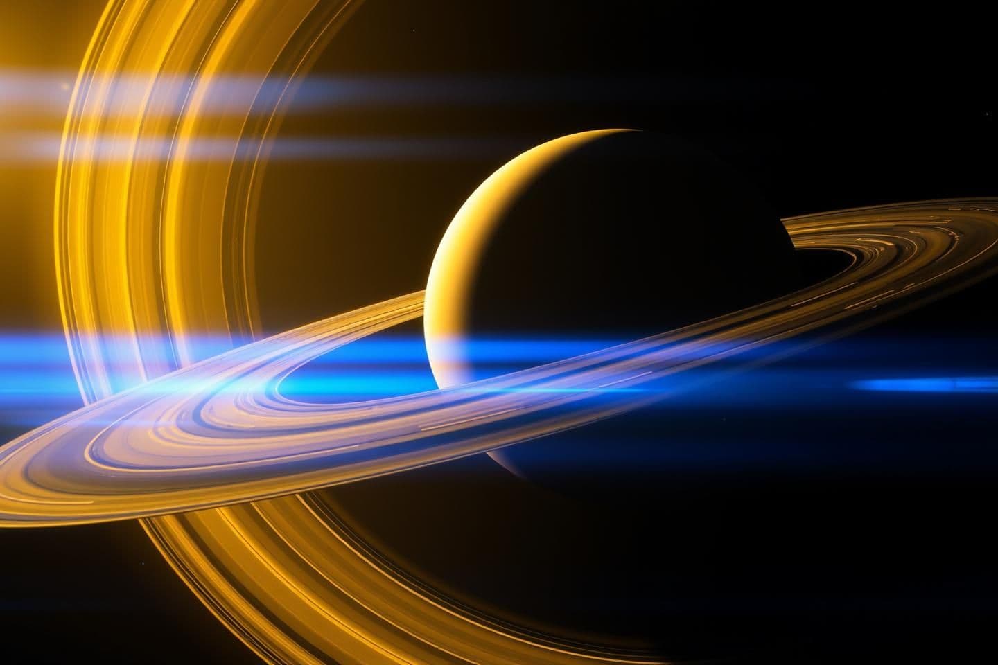 AI generated: A majestic cinematic view of Saturn with Name Al -Baari and its glowing rings as the Pioneer spacecraft approaches. The golden sunlight reflects beautifully off the icy rings, crea