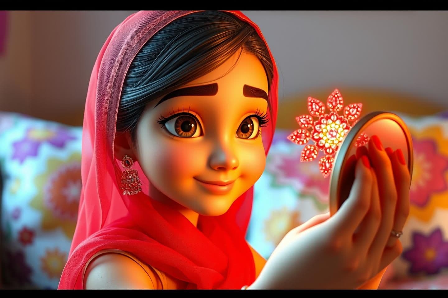 AI generated: Subject: Close-up of the same 13-year-old girl. She is wearing a translucent red scarf (dupatta) over her head loosely.
Action: She is holding a sparkling red decorative comb (Chir