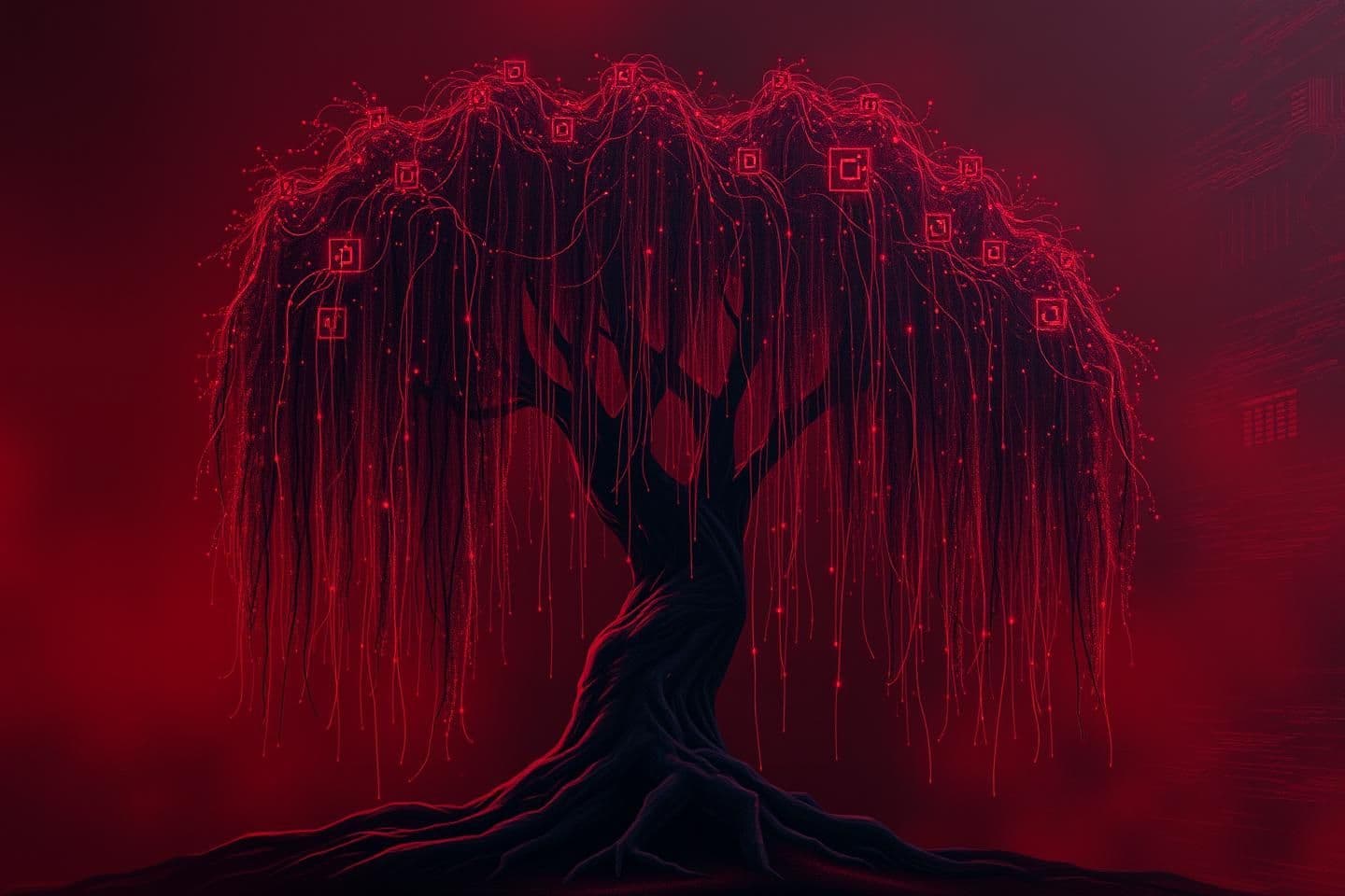 AI generated: A professional digital painting for a profile image, showing a weeping willow tree whose long, flowing branches subtly transform into computer circuits, electronic lines, and glow