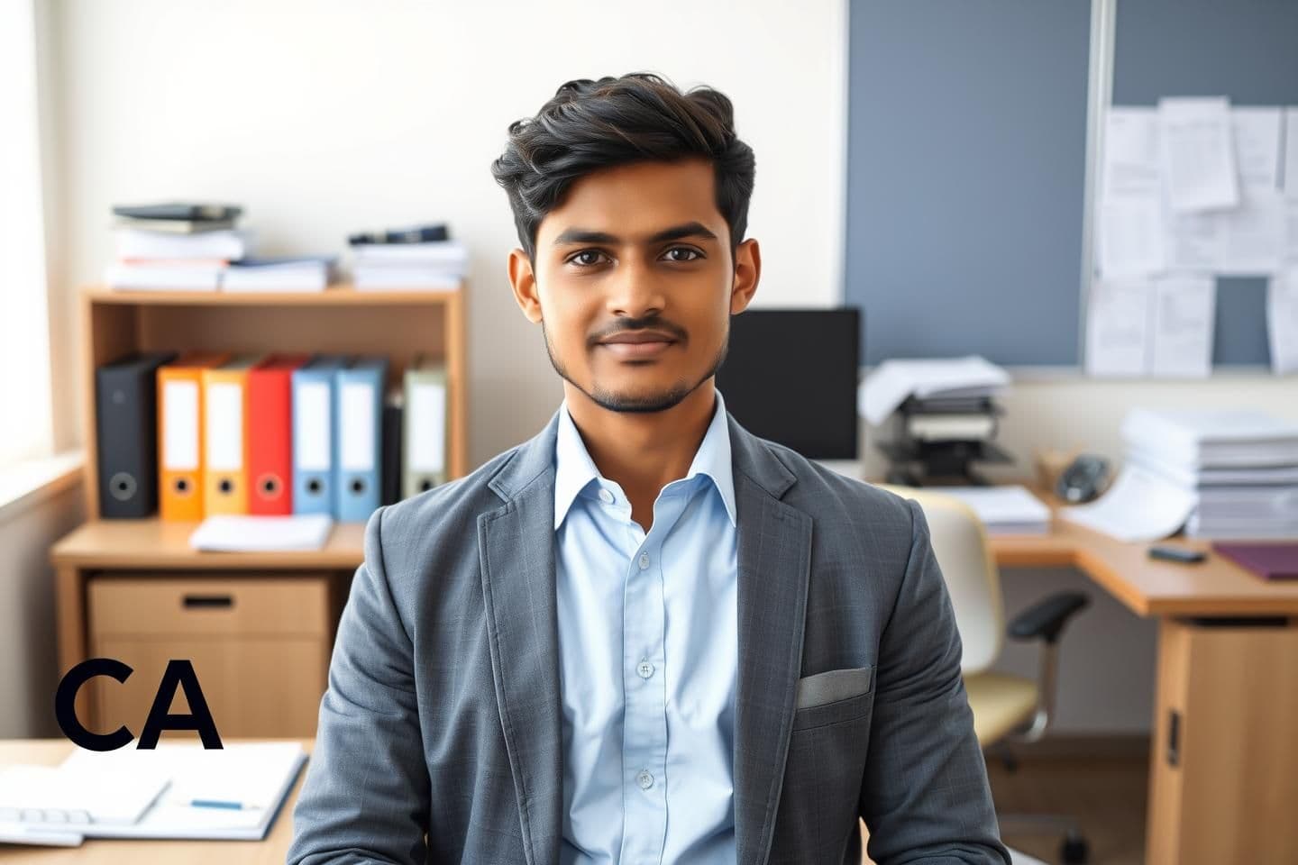 AI generated:
“A 24-year-old Indian male in a professional siting, wearing a formal light-blue or white shirt with a blazer. The background shows an auditor’s workspace with files, ledgers, sp