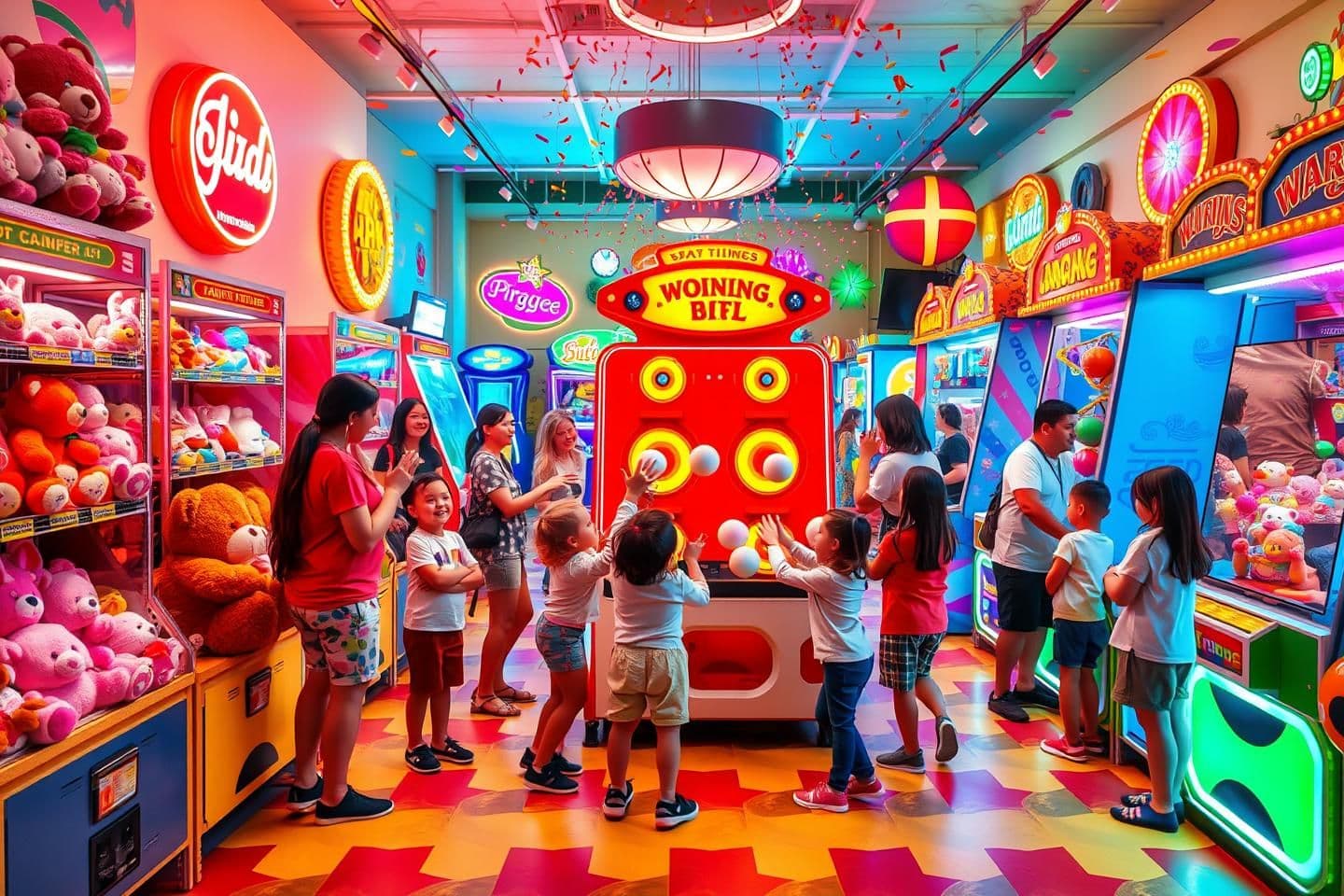AI generated: A vibrant, colorful indoor arcade filled with bright neon lights, glowing signs, and festive confetti. Children and families are happily playing various arcade and carnival-style g