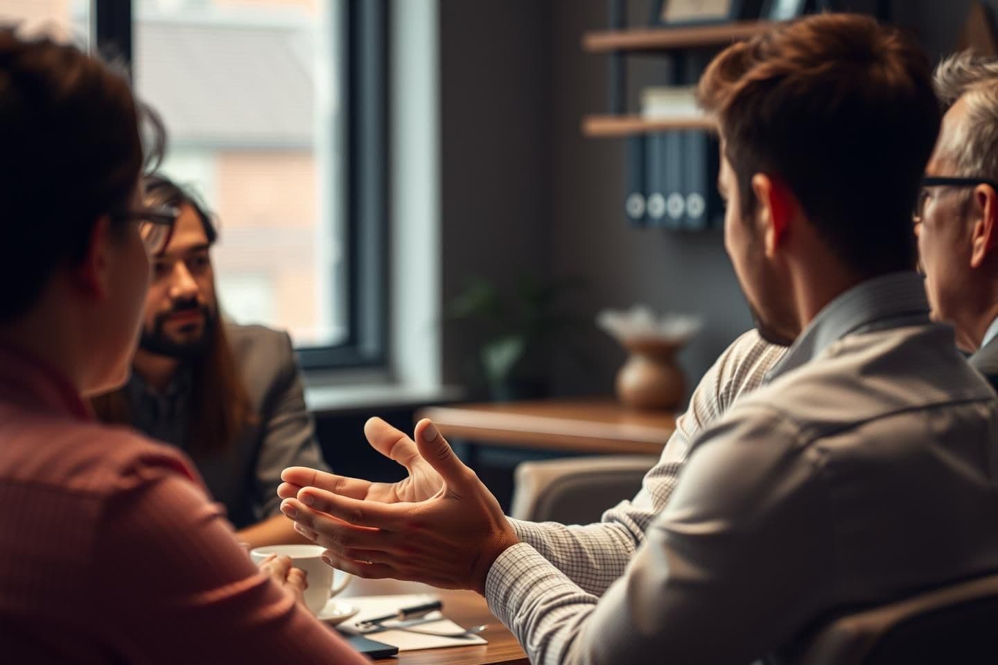 AI generated: <p>Image Prompt 16:
A medium-shot of the man calmly setting a firm boundary during a conversation — calm expression, open palms, others listening with respectful attention; shallow
