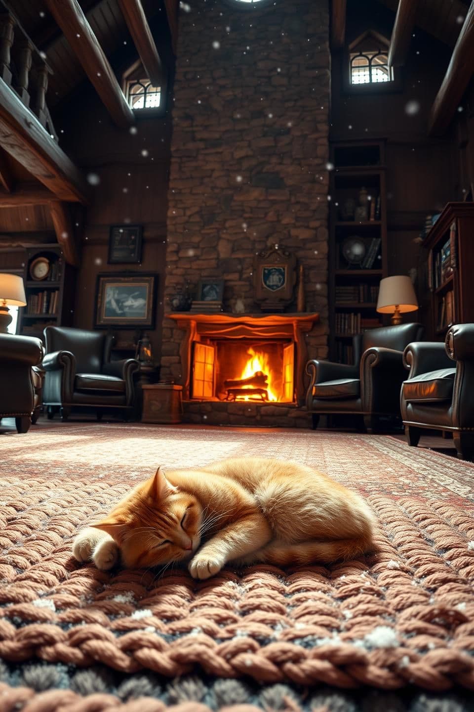AI generated: Old Classy Living Room, Interior (Cat Detail): A spacious, rustic great room interior with exposed, rough-hewn wooden beams and a towering stone fireplace. The focus is on the floo