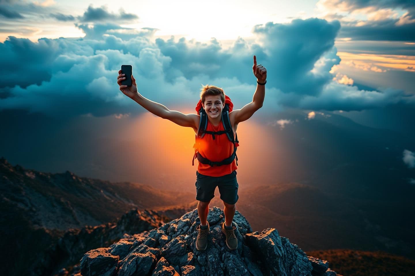 AI generated: "A young adventurous hiker standing triumphantly on a rugged mountain peak at sunset. The person is holding a smartphone high to take a wide-angle selfie, capturing their excited