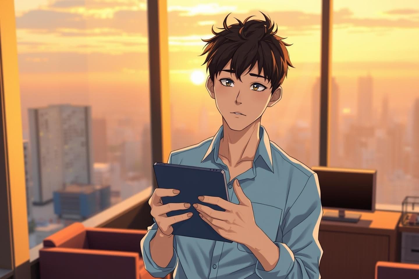 AI generated: Young Asian man early 20s, slim build, soft nervous eyes, messy dark brown hair, fair skin, shy anxious expression holding tablet to chest, light blue business shirt with rolled sl
