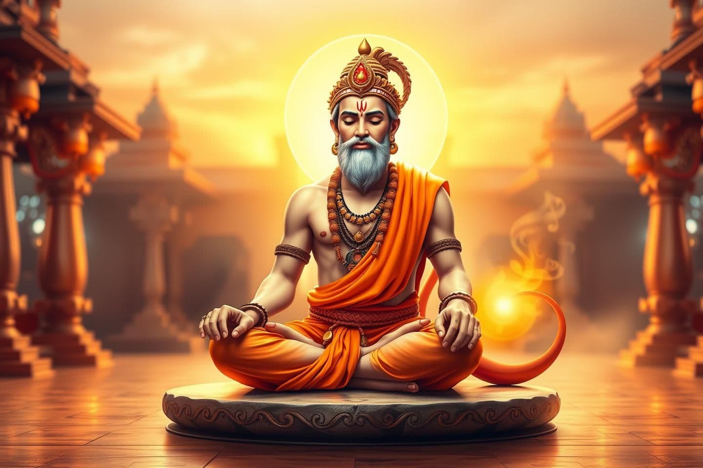 AI generated: Design a devotional bhajan cover featuring Lord Hanuman in deep meditation. Show Hanuman seated in padmasana on a sacred stone platform, surrounded by a soft divine golden aura. Hi