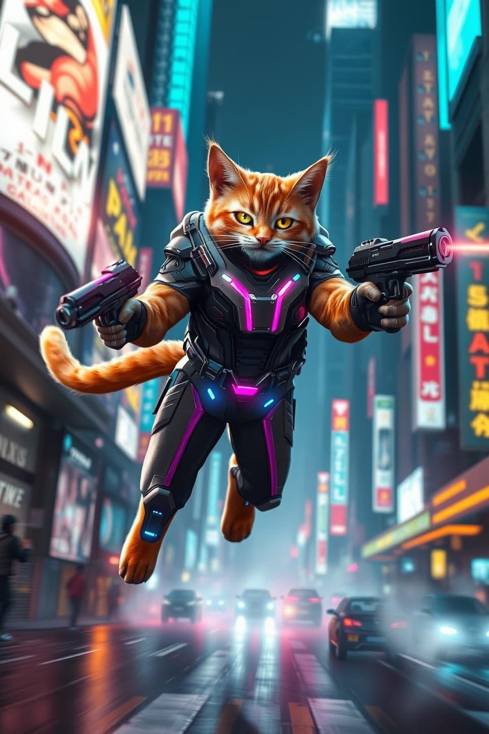 AI generated: Ultra-realistic cyberpunk concept art of an anthropomorphic orange tabby mercenary mid-leap through a neon-lit futuristic city at night. The cat wears a sleek high-tech bodysuit wi