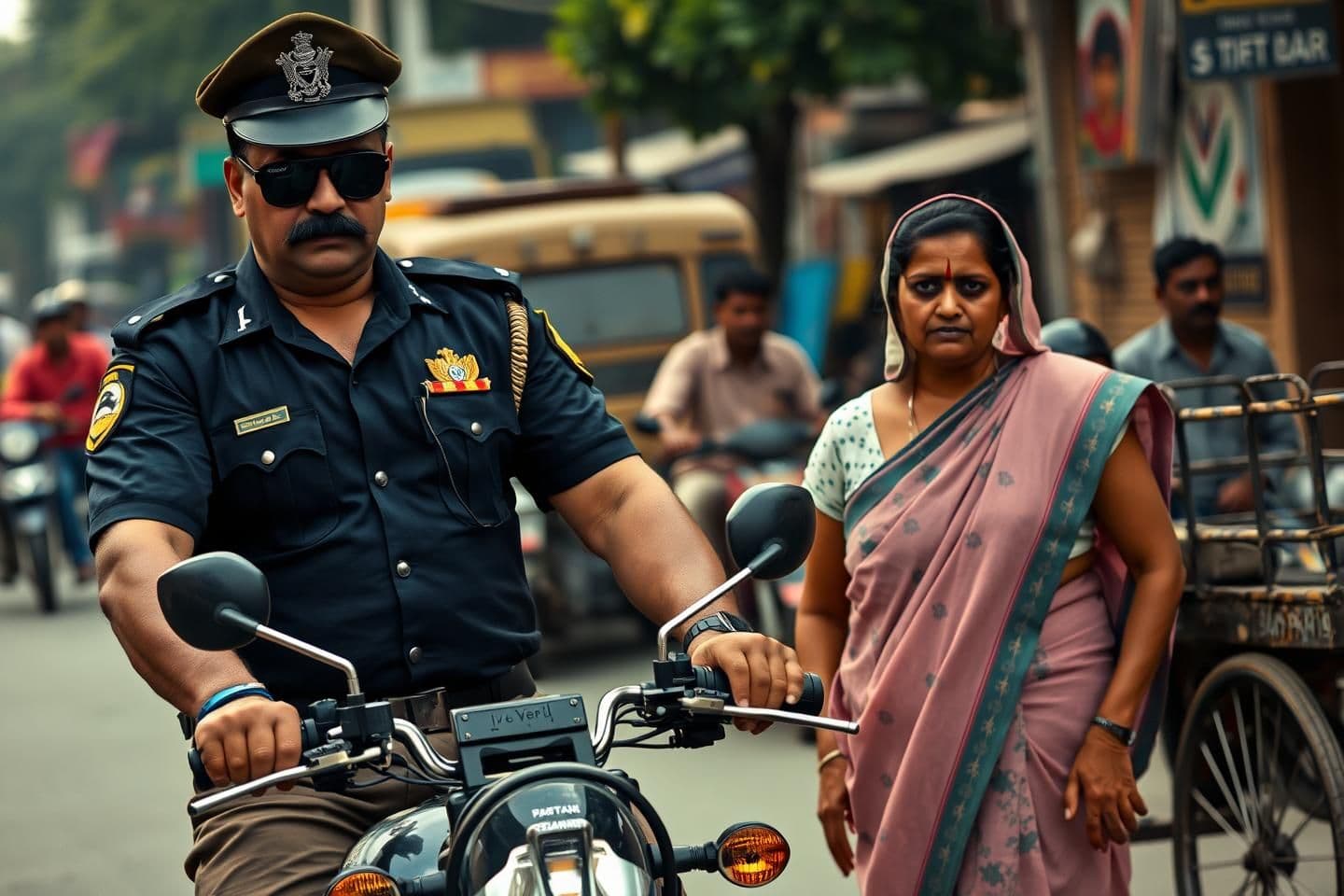 AI generated: “Inspector Rakesh Verma, a tall, muscular Indian police officer in a dark navy-blue uniform, black aviator sunglasses, and a thick moustache, arrives on a noisy motorcycle, stoppin