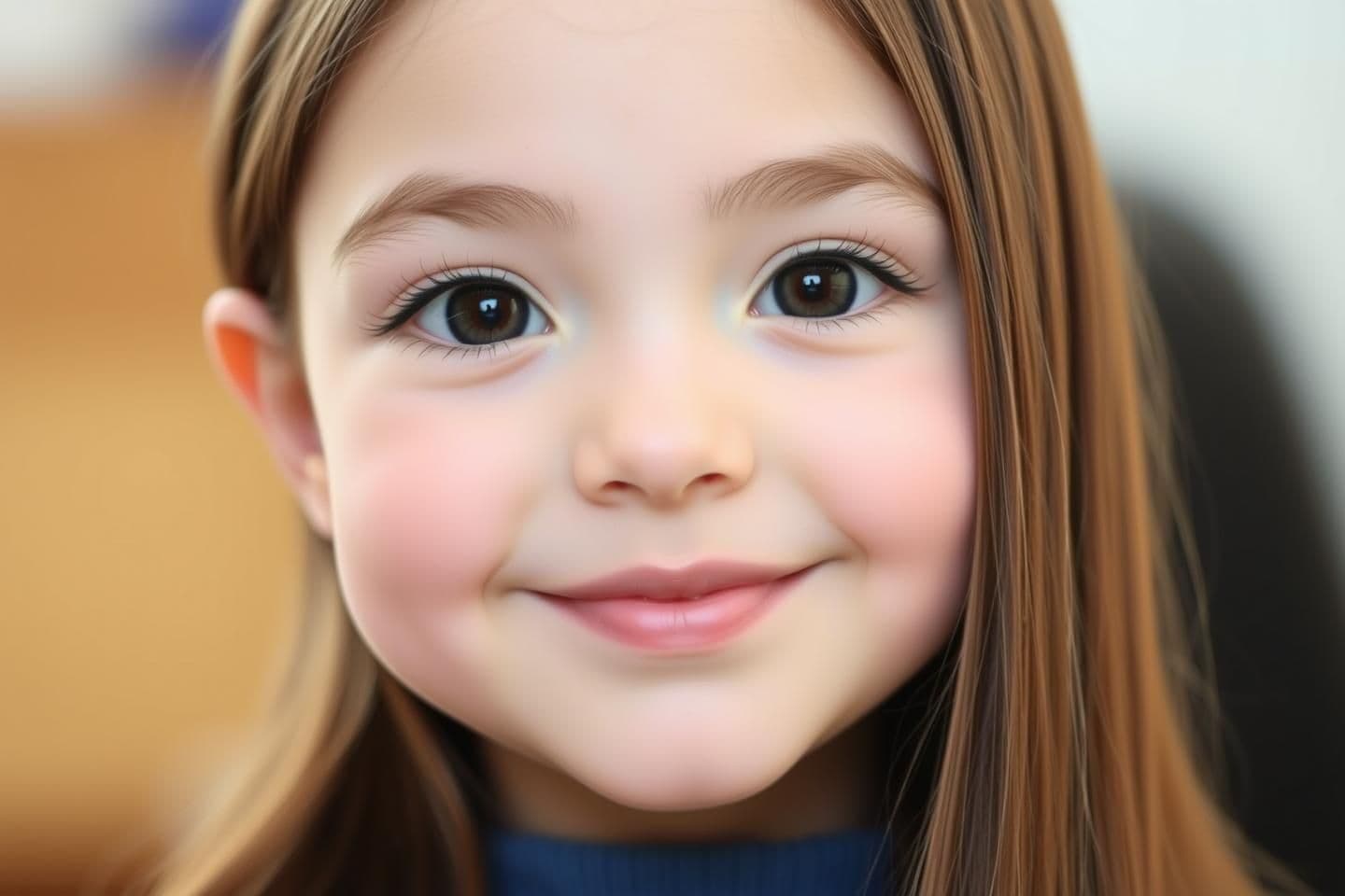 AI generated: A very cute, youthful-looking girl with a warm front-facing smile, a round baby-soft face, smooth fair skin, fuller cheeks, large almond-shaped dark brown eyes with thick curled la