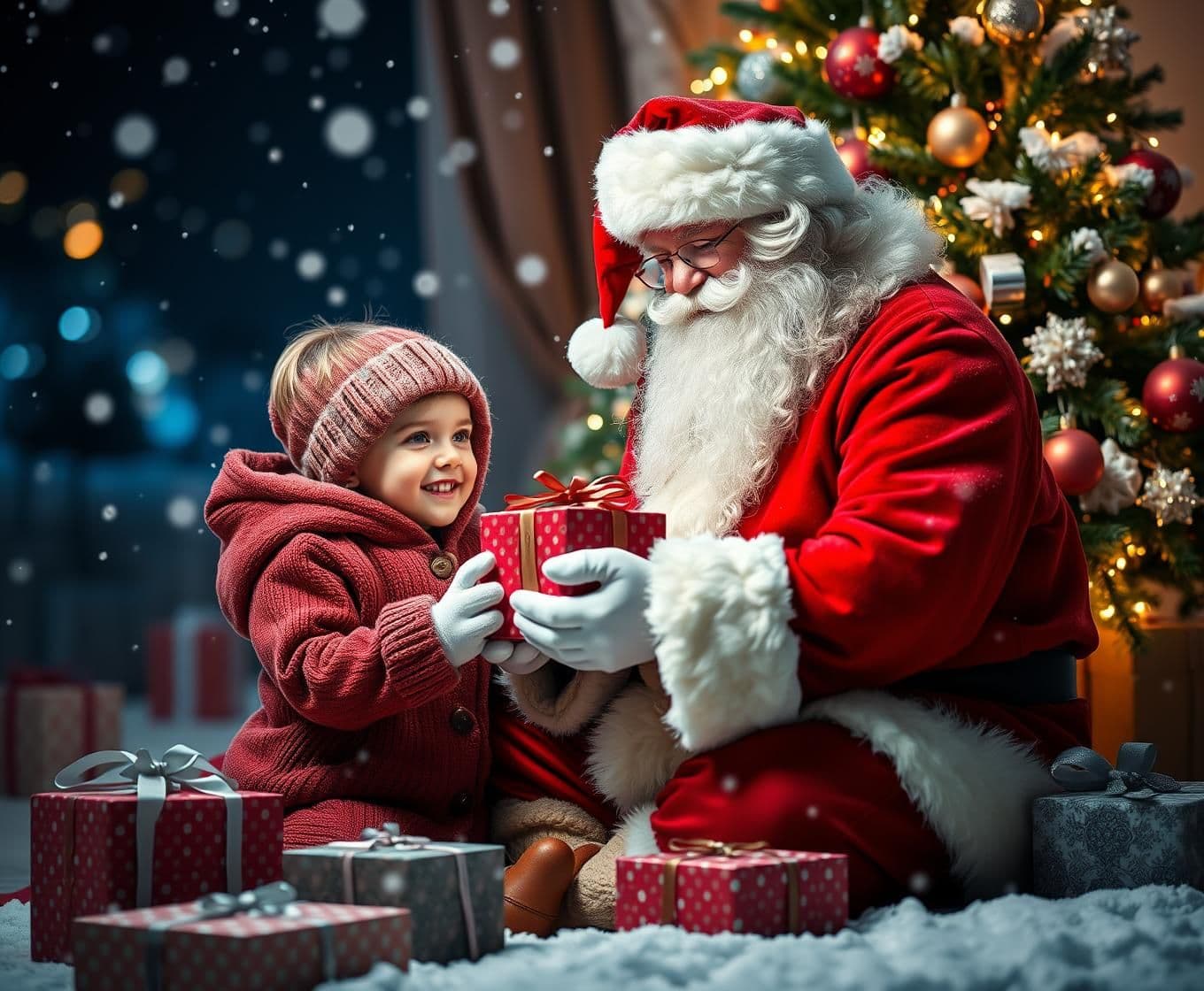 AI generated: A realistic Christmas scene featuring Santa Claus in a classic red suit with a white beard, warmly smiling as he gives a gift to a young child. The child looks happy and excited, w