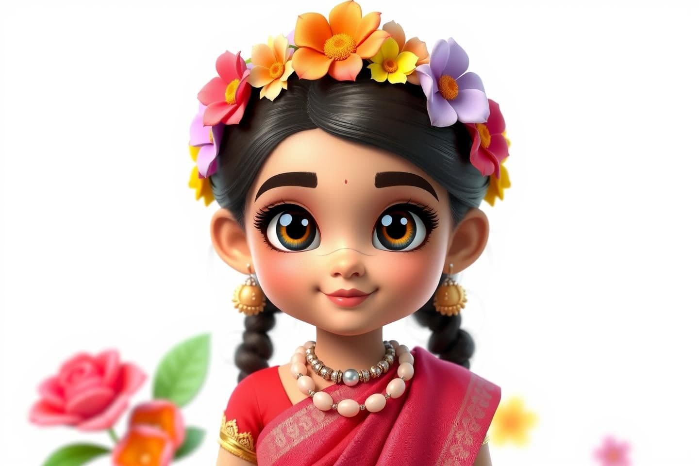 AI generated: A beautiful 10-year-old girl character, no background — pure white or transparent background. She has big, shiny eyes with thick black kajal, soft pink eyeshadow above the eyes, an