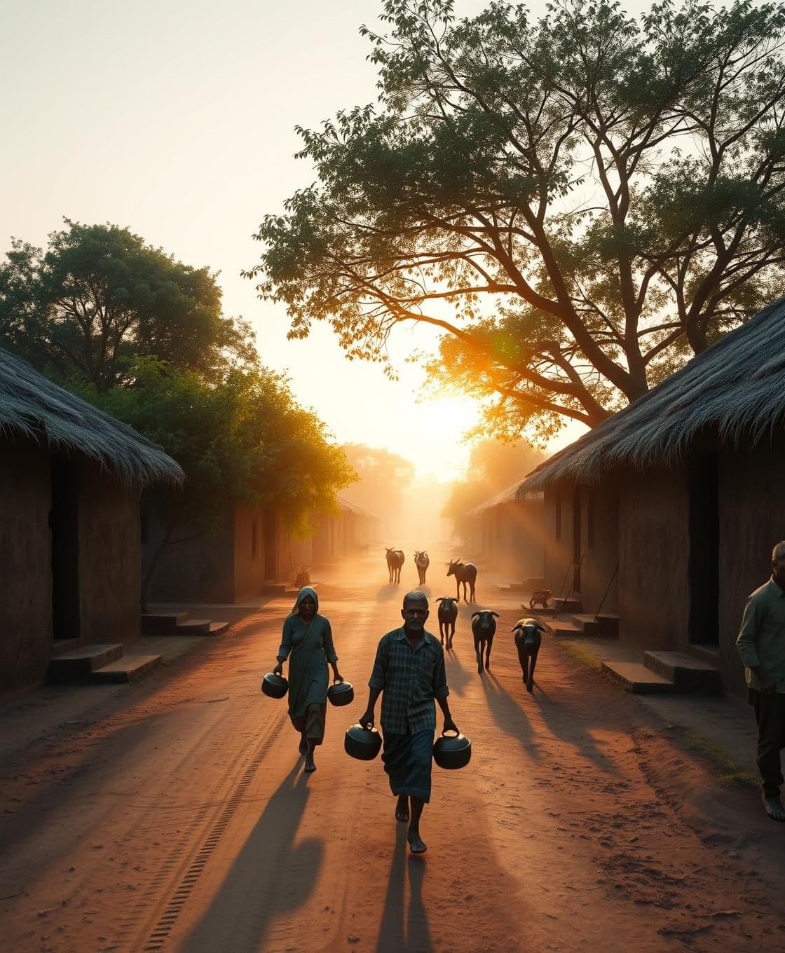 AI generated: A wide 3D realistic shot of an Indian rural village at sunrise. Mud houses with thatched roofs, dusty roads, green trees, and villagers walking with pots. A peaceful morning vibe,
