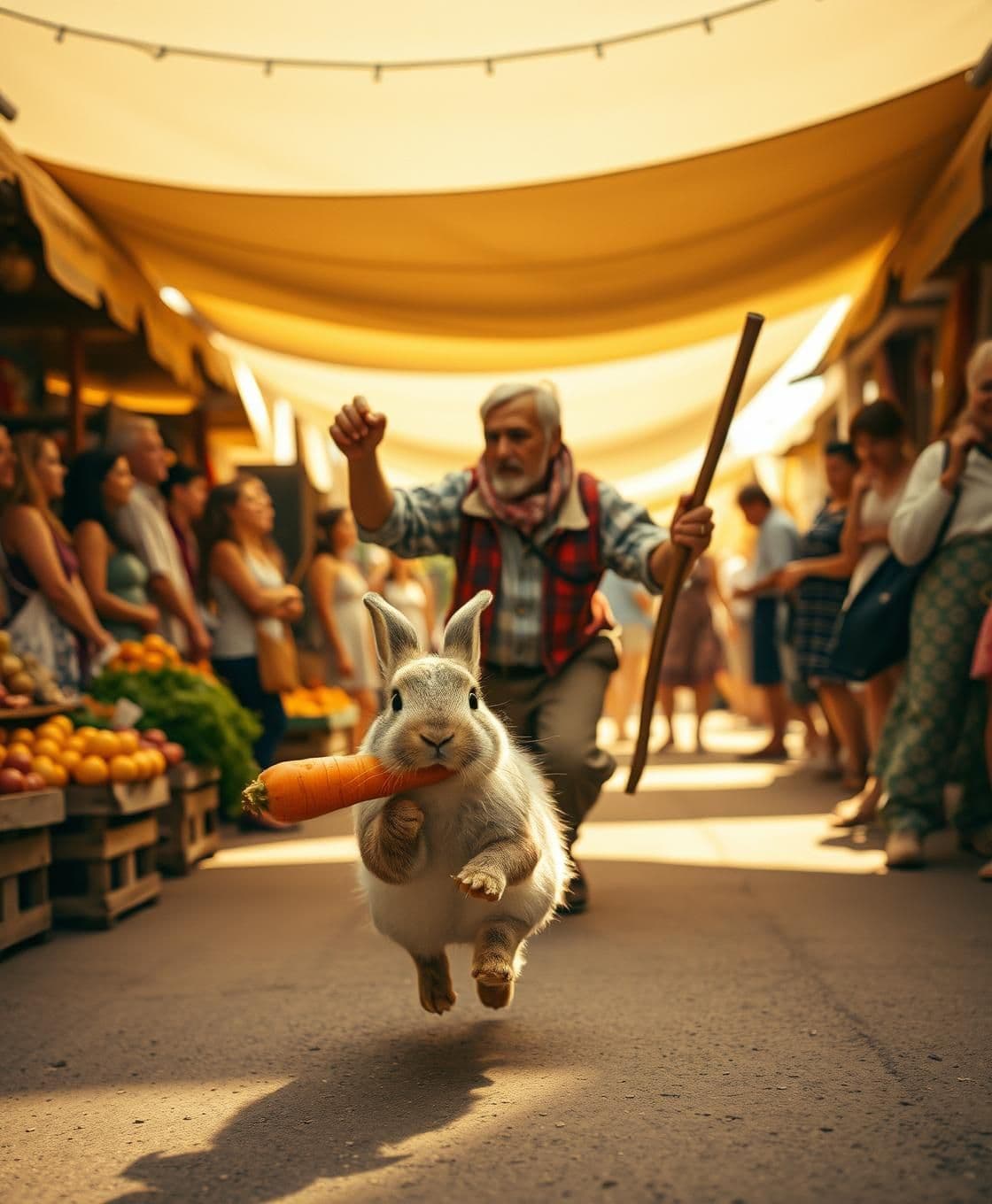 AI generated: charming, cinematic photograph capturing a humorous chase scene in a bustling, sun-drenched outdoor bazaar. A tiny, fluffy baby rabbit zooms in the foreground, clutching a large st