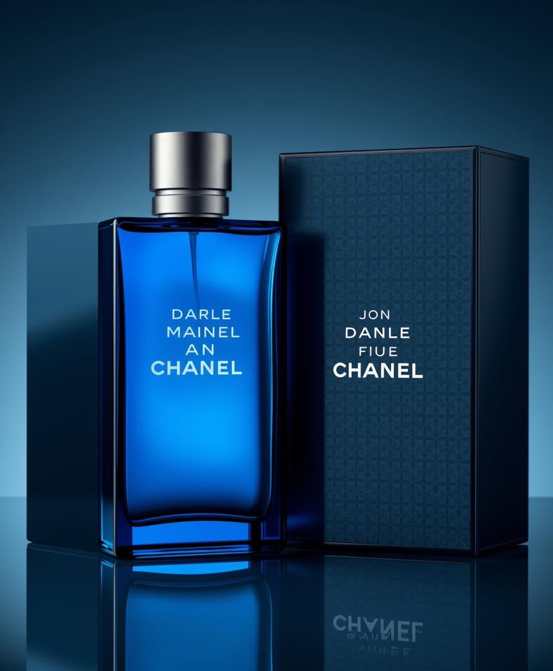 AI generated: Create an original luxury perfume bottle and packaging design inspired by the elegance and depth of midnight blue fragrances. The bottle should be rectangular with clean, sharp edg