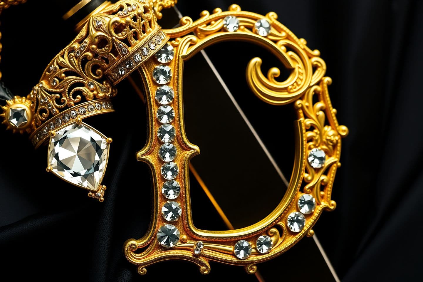 AI generated: The image features an elaborate, ornate letter "D" with white diamond inside and gold outline , which is the focal point of this composition . The letter which accentuates the illu