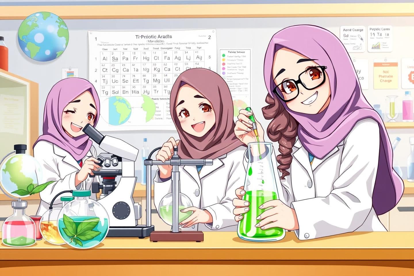 AI generated: Three female students wearing school hijabs and school coats in a science laboratory, smiling happily. The student on the right has curly hair partially visible from her hijab, gla