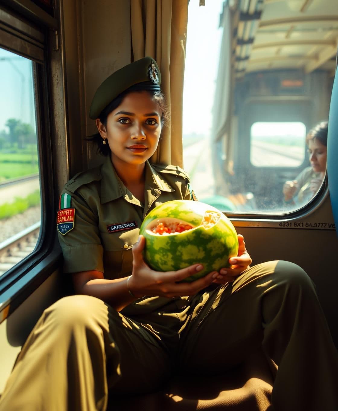 AI generated: A young Indian Army woman soldier in olive-green Indian Army uniform, sitting near the window inside an Indian train compartment, holding a big watermelon in her lap, cutting it an