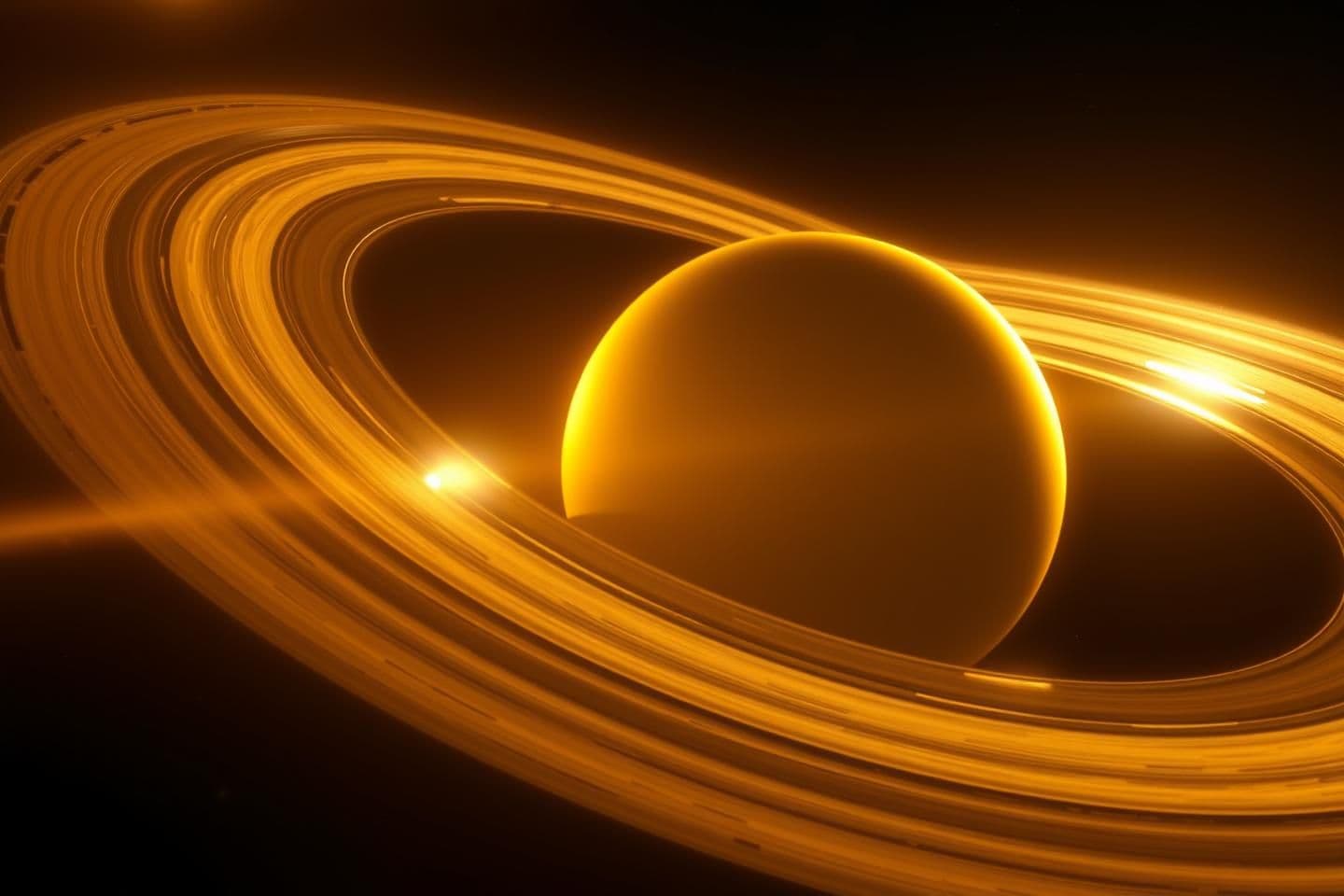 AI generated: A majestic cinematic view of Saturn with Name Al -Baari and its glowing rings as the Pioneer spacecraft approaches. The golden sunlight reflects beautifully off the icy rings, crea