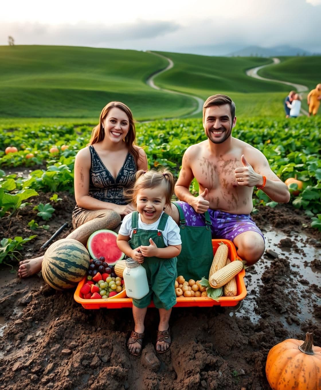 AI generated: A joyful family of three sitting in a muddy field during sunset. The mother, wearing an elegant black and gold dress, is covered in mud and smiling, giving a thumbs up. The father,