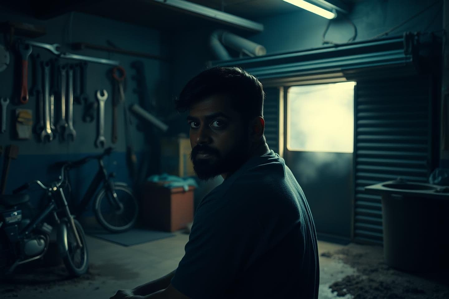 AI generated: “Ultra-realistic 16:9 cinematic frame showing an Indian man sitting alone in a dim, eerie garage workshop at night. He is slightly turned toward the camera, as if telling a horror