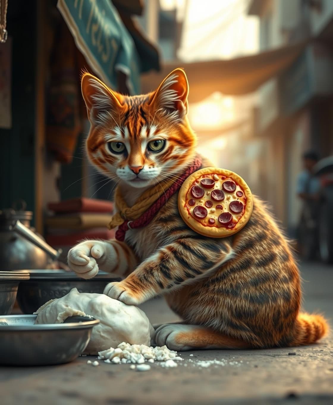AI generated: A The determined cat working hard in a small roadside stall, kneading pizza dough with tiny paws. Later, the cat places a freshly baked mini pizza on her own back and walks on the