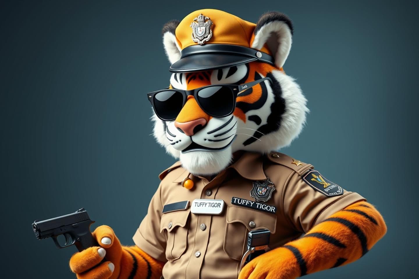 AI generated: convert this mascot into a Police officer wearing half sleeves police uniform, inspector cap, 3 stars on shoulder straps, whistle cord on shoulder . A name plate on the chest with